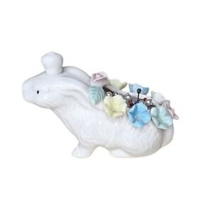 Vintage Ceramic Bunny Figurine with Floral‎ Details and Crystal Embellishments